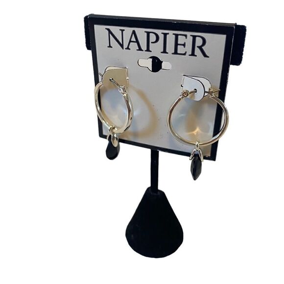 Napier Silver Toned Hoop w/ faceted black bead. - Picture 3 of 5